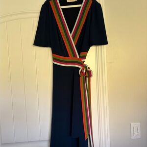 Tory Burch Peggy Wrap Dress, Navy with Colorful Stripes
